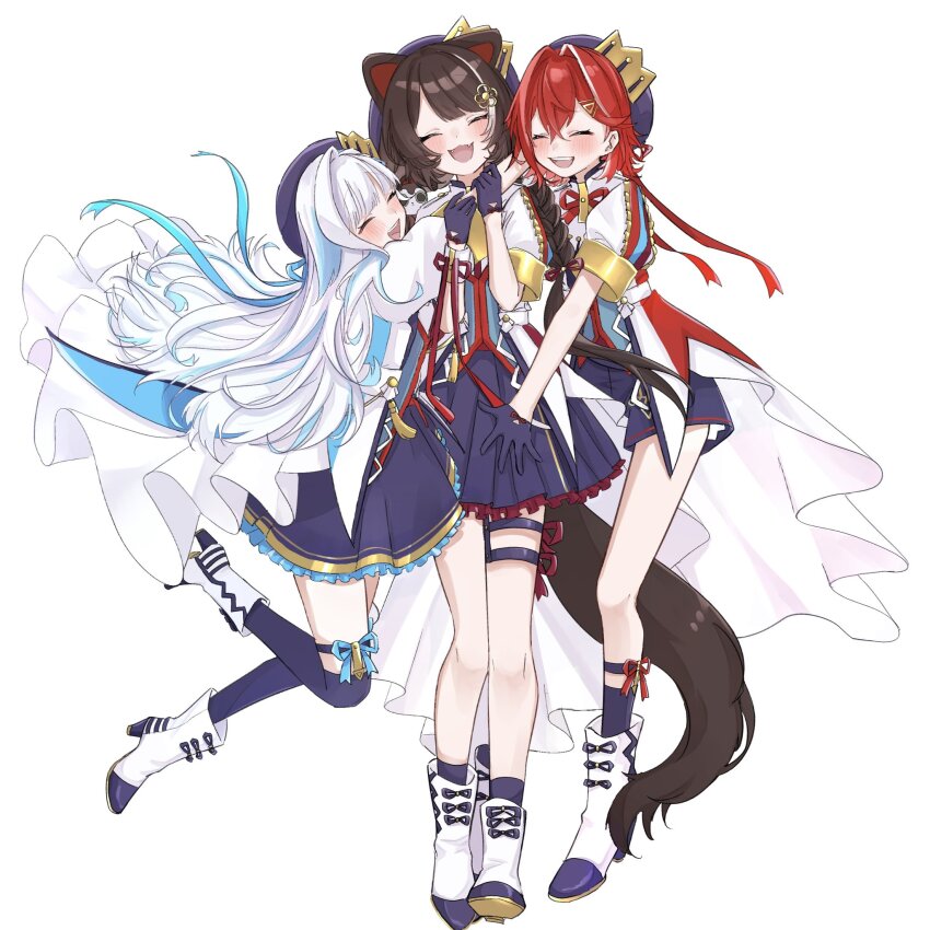 3girls 3znk :d ^_^ ange_katrina animal_ears ankle_boots beret blue_gloves blue_hair blue_hat blue_ribbon blue_shorts blue_skirt blue_socks blush boots braid brown_hair brown_tail closed_eyes commentary crossed_bangs crown_hat_ornament dog_ears dog_girl dog_tail fangs floating_clothes floating_hair flower frilled_skirt frills full_body gloves group_hug hair_between_eyes hair_flower hair_intakes hair_ornament hat high_heel_boots high_heels highres hug inui_toko jacket kneehighs leg_ribbon lize_helesta long_bangs long_hair low_twin_braids miniskirt multicolored_hair multiple_girls multiple_thigh_straps neck_ribbon nijisanji open_mouth pleated_skirt puffy_short_sleeves puffy_sleeves red_hair red_ribbon ribbon sanbaka_(nijisanji) sanbaka_anniversary_outfit short_hair short_shorts short_sleeves shorts simple_background single_hair_intake single_wrist_cuff skirt smile socks standing streaked_hair symbol-only_commentary tail teeth triangle_hair_ornament twin_braids two-tone_hair upper_teeth_only very_long_hair virtual_youtuber white_background white_boots white_hair white_jacket wrist_cuffs wrist_ribbon