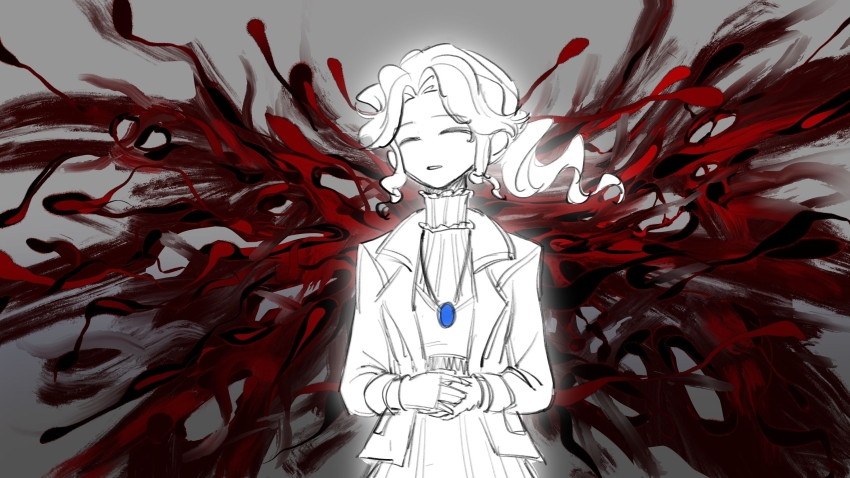 1girl alice_deross beijingban18388 blood closed_eyes curtained_hair greyscale hands_on_own_stomach heart highres identity_v jacket jewelry lapels long_hair long_sleeves monochrome necklace no_nose notched_lapels open_clothes open_jacket own_hands_together parted_bangs ribbed_sweater solo spoken_heart sweater turtleneck turtleneck_sweater wavy_hair
