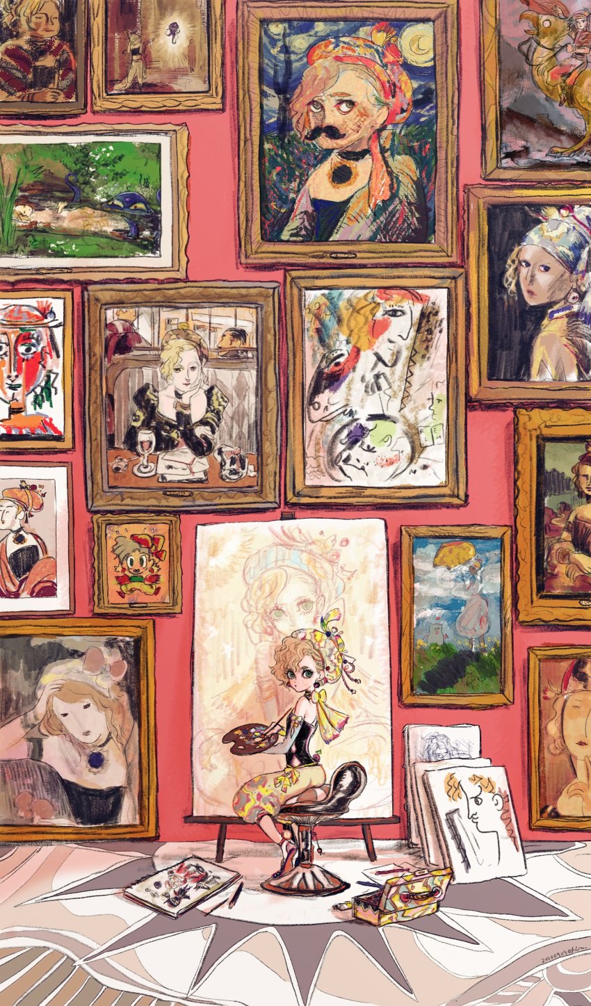 1girl absurdres blonde_hair chair chocobo final_fantasy final_fantasy_vi fine_art_parody hat highres looking_at_viewer looking_back mog moogle oju_(ouka) ultros painting_(object) parody portrait_(object) relm_arrowny shadow_(ff6) sitting solo strago_magus strapless tube_top wall