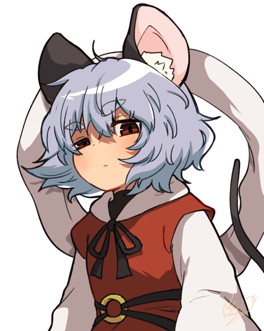 1girl ahoge animal_ear_fluff animal_ears closed_mouth coin commentary_request cosplay grey_hair highres looking_at_viewer mouse_ears mouse_girl mouse_tail nazrin red_eyes shawl short_hair simple_background solo tail take_no_ko_(4919400) toramaru_shou toramaru_shou_(cosplay) touhou upper_body white_background