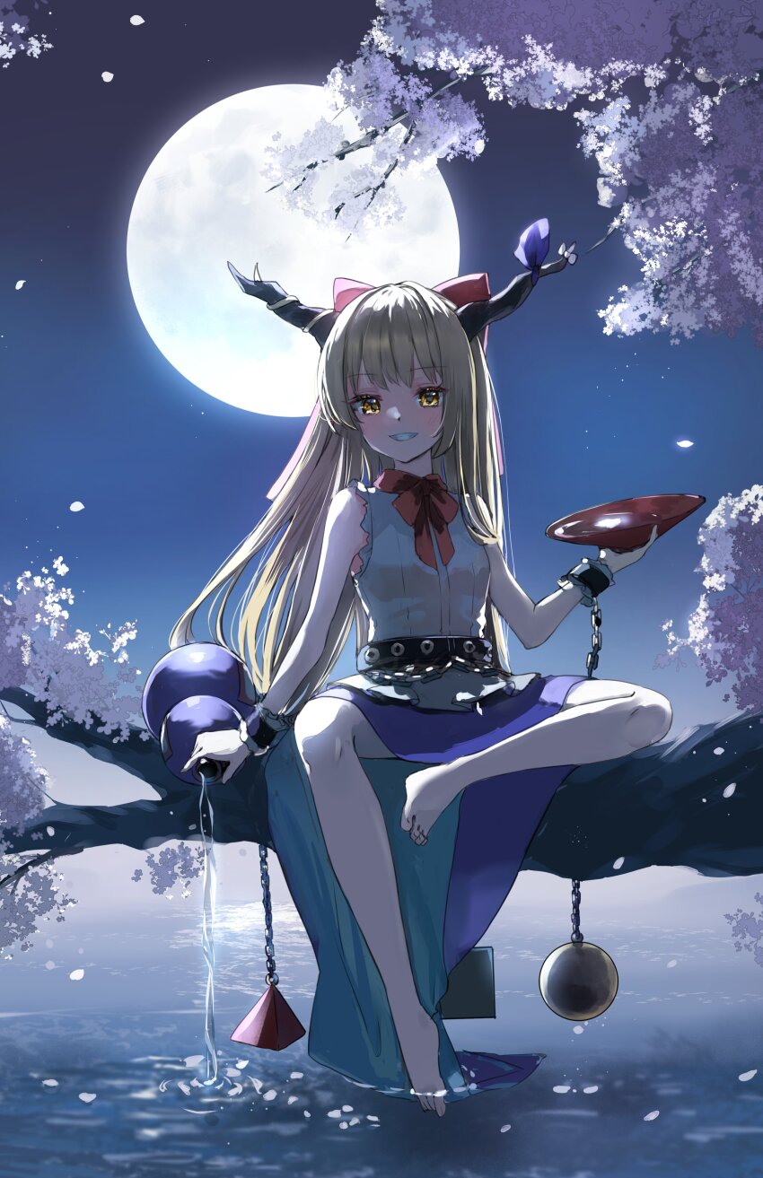 1girl absurdres alcohol belt blonde_hair blue_skirt bottle bow chain cherry_blossoms choko_(cup) cup full_moon gourd highres horns ibuki_suika long_hair moon moonlight night petals red_bow reflection ribbon sake sake_bottle shironeko_yuuki sitting skirt sky sleeveless smile solo touhou tree water wine
