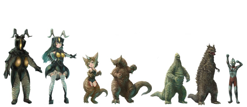 1boy 2girls absurdres alien bemular breasts crossover dinosaur giant giantess gomora green_eyes highres incredibly_absurdres kaiju kaiju_girls kuroda_mikazuki medium_breasts monster_girl multiple_crossover multiple_girls multiple_persona one-piece_swimsuit personification red_king seijin simple_background size_chart size_comparison size_difference skirt superhero_costume swimsuit tail tsuburaya_productions ultra-taf ultra_series ultraman ultraman_(1st_series) white_background yellow_eyes zetton