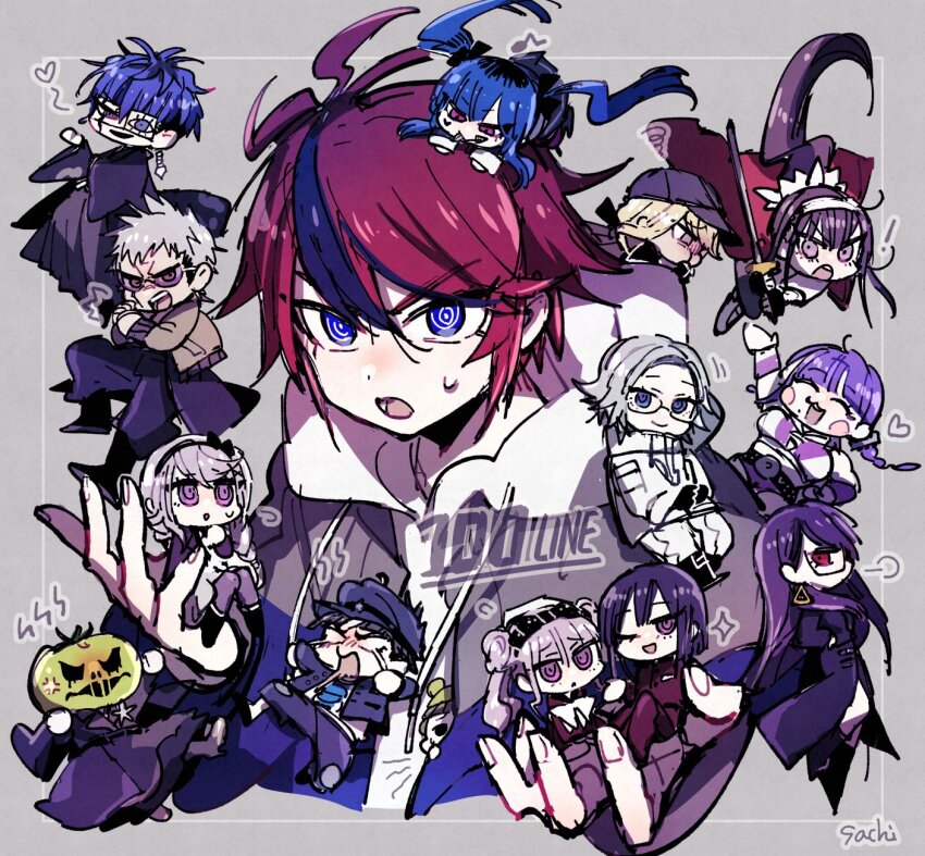 ahoge amemiya_darumi aotsuki_eito black_hair blonde_hair blue_eyes blue_hair brother_and_sister chibi closed_eyes closed_mouth eyepatch fingernails glasses grey_background highres holding_chibi holy_jumonji_sword hood hoodie kawana_tsubasa kirifuji_nozomi long_hair long_sleeves looking_at_viewer magadori_kyoshika maruko_gaku mask mask_on_head messy_hair mojiro_moko multicolored_hair omokage_yugamu one_eye_covered oosuzuki_kurara open_mouth pink_eyes pink_hair ponytail purple_hair red_eyes red_hair shizuhara_hiruko siblings simple_background sumino_takumi sunglasses teeth the_hundred_line_-last_defense_academy- tsukumo_ima tsukumo_kako twins twintails upper_body upper_teeth_only white_hair yakushiji_takemaru
