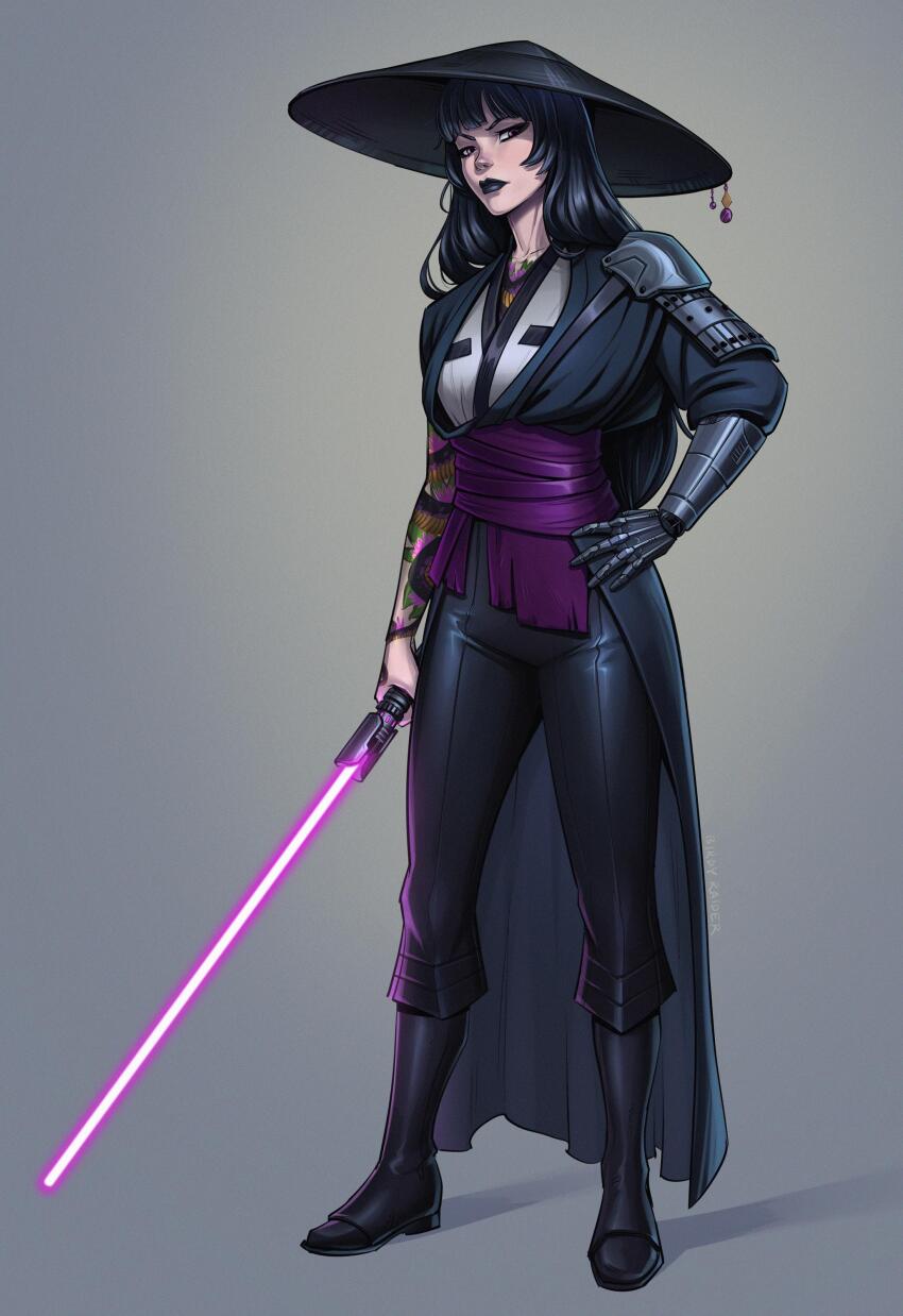 1girl absurdres ajirogasa armor birdyraider black_boots black_coat black_hair black_hat black_lips black_pants boots coat conical_hat energy_sword full_body grey_background hand_on_own_hip hat highres holding holding_sword holding_weapon jedi knee_boots lightsaber long_coat looking_at_viewer mechanical_arms original pants pauldrons pink_eyes purple_lightsaber purple_sash sash shoulder_armor single_mechanical_arm single_pauldron solo star_wars sword weapon