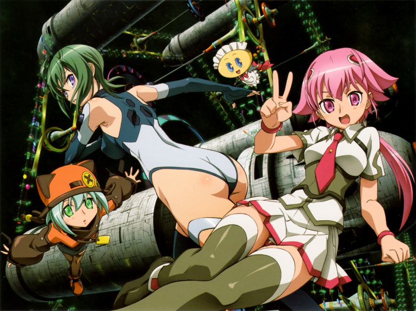 00s 3d 4girls :d ankle_boots apron aqua_hair armpits ass bare_shoulders blue_eyes blue_gloves blue_legwear blush body_blush boots bow bowtie bracelet braid breasts brown_legwear child clenched_hand clenched_hands coat colored_skin covered_erect_nipples dog_tags dress elbow_gloves fingerless_gloves flying frills gloves green_boots green_eyes green_hair grey_legwear hair_ornament hat highleg highleg_leotard highres hip_bones jewelry kabashima_yousuke kannagi_itsuki kawai_honoka leotard long_hair looking_at_viewer looking_back low_ponytail maid maid_apron maid_headdress mecha medium_breasts miniskirt multiple_girls necktie official_art open_mouth outstretched_arms panties pantyshot parted_lips pencil_skirt pink_eyes pleated_skirt ponytail reclining red_eyes robot scan shirt shishidou_akiha shishidou_imoko short_hair short_sleeves single_braid size_difference skirt sleeves_past_wrists smile sora_wo_kakeru_shoujo space spread_arms thigh_strap thighhighs turtleneck underwear v wing_collar yellow_skin zettai_ryouiki