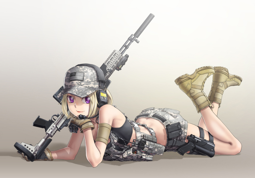 1girl american_flag assault_rifle bad_id bad_pixiv_id battle_rifle blonde_hair boots butt_crack camouflage combat_boots duplicate female_focus glock gloves gun handgun hat kws load_bearing_vest looking_at_viewer m14 military military_uniform original purple_eyes rifle shorts solo suppressor weapon