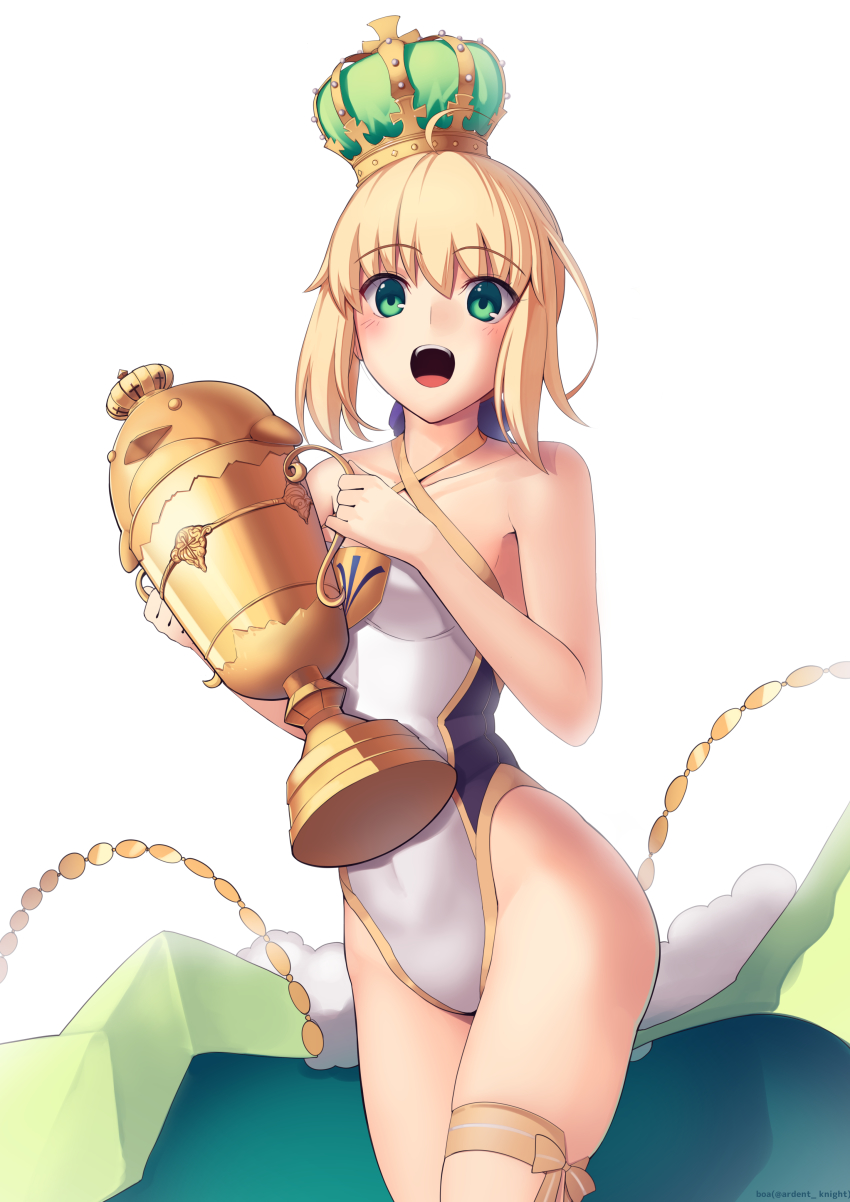 1girl absurdres ahoge artoria_pendragon_(fate) artoria_pendragon_(swimsuit_archer)_(fate) artoria_pendragon_(swimsuit_archer)_(third_ascension)_(fate) blonde_hair blush boa_(brianoa) cape casual_one-piece_swimsuit cowboy_shot crown fate/grand_order fate_(series) female_focus green_crown green_eyes hair_bun highres holding long_hair looking_at_viewer one-piece_swimsuit open_mouth simple_background single_hair_bun smile solo swimsuit trophy unworn_cape white_background white_one-piece_swimsuit