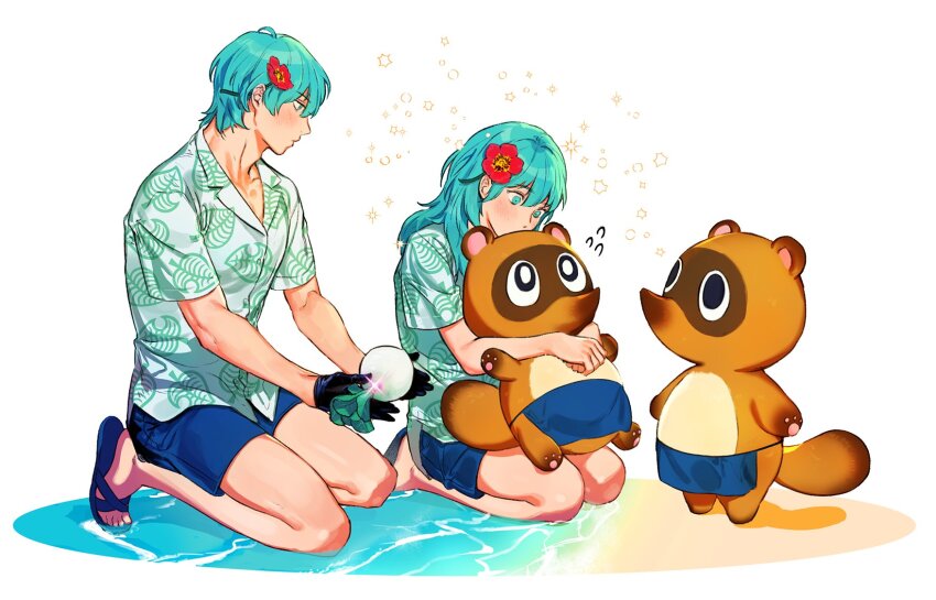 1boy 1girl animal animal_crossing animal_hug apron bare_legs blue_apron blue_eyes blue_footwear blue_hair blue_shorts female_byleth_(fire_emblem) male_byleth_(fire_emblem) clothed_animal collarbone collared_shirt company_connection covered_mouth dallsosu fire_emblem fire_emblem:_three_houses flower flying_sweatdrops food full_body grey_footwear hair_flower hair_intakes hair_ornament hairclip hibiscus highres holding holding_food hug kneeling lapels leaf_print light_blush looking_at_another nintendo notched_lapels ocean raccoon red_flower sandals shadow shirt shore short_hair shorts sitting_on_liquid sparkle timmy_(animal_crossing) toes tommy_(animal_crossing) turnip waist_apron white_background white_shirt wide-eyed