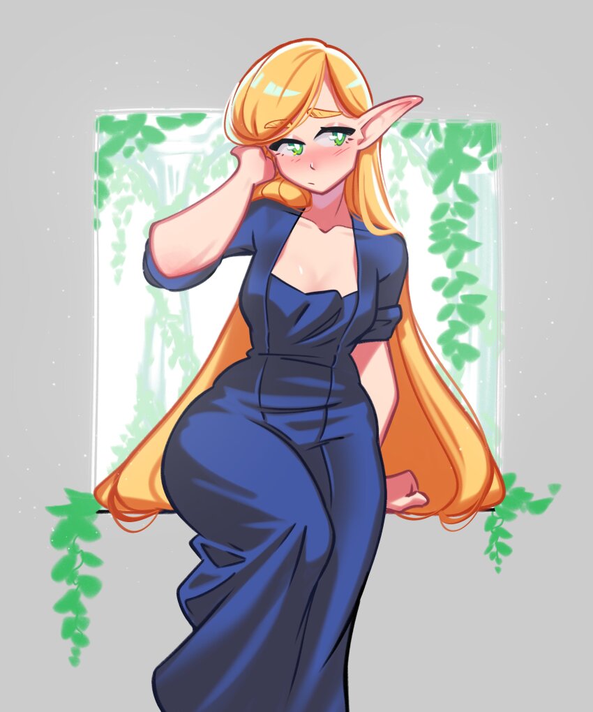 1girl :/ absurdres blonde_hair blue_dress blush breasts cleavage commentary dress dungeon_meshi green_eyes hand_in_own_hair highres loen long_dress marcille_donato medium_breasts pointy_ears raised_eyebrow sitting sleeves_rolled_up solo