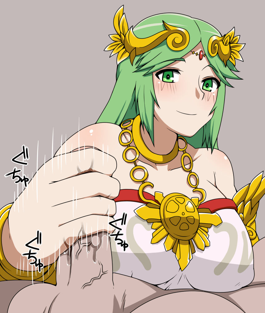 1boy 1girl absurdres ancient_greek_clothes breasts circlet closed_mouth clothed_female_nude_male collarbone dress forehead_jewel greco-roman_clothes green_eyes green_hair handjob hetero highres jewelry kid_icarus kid_icarus_uprising large_breasts laurel_crown long_hair mantan matching_hair/eyes neck_ring nintendo nude palutena parted_bangs pendant penis red_trim smile solo_focus strapless strapless_dress testicles uncensored vambraces veins veiny_penis white_dress