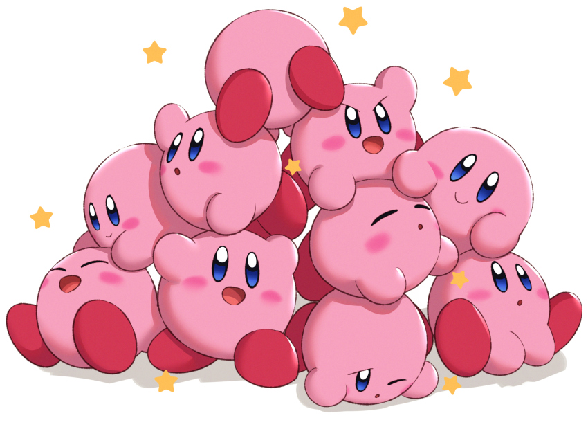 blue_eyes blush_stickers closed_eyes closed_mouth dogpile furrowed_brow gonzarez hand_up happy highres kirby kirby_(series) looking_at_another looking_at_viewer looking_up nintendo open_mouth smile star_(symbol) tired