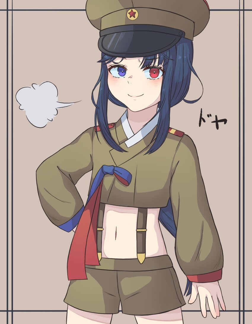 1girl blue_eyes blue_hair contemporary_traditional_clothes cowboy_shot hat heterochromia highres jeogori_(clothes) korean_clothes kuroussa midriff military_hat military_uniform north_korea north_korea_(kuroussa) original red_eyes shorts solo suspenders