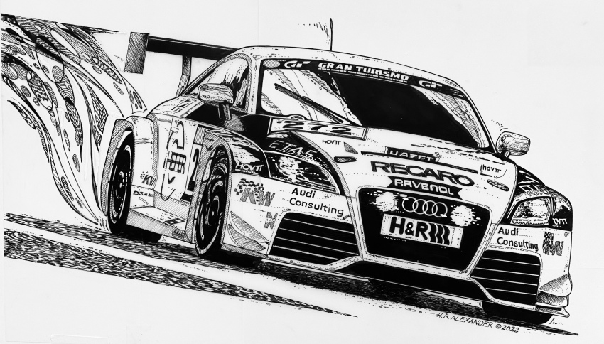 2022 absurdres artist_name audi car deutsche_tourenwagen_masters gran_turismo greyscale highres hugh_b._alexander ink_(medium) monochrome motor_vehicle race_vehicle racecar radio_antenna shadow spoiler_(automobile) sponsor traditional_media vehicle_focus