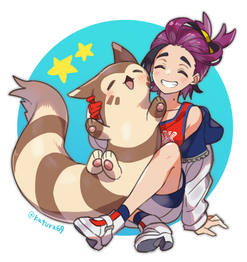 1boy absurdres arm_support blue_socks blush closed_eyes commentary_request furret gen_2_pokemon gloves grin highres jacket katsura_ichiho kieran_(pokemon) long_sleeves male_focus mole mole_on_neck nintendo pokemon pokemon_(creature) pokemon_sv purple_hair red_gloves red_shirt shirt shoes shorts single_glove sitting sleeveless sleeveless_shirt smile socks star_(symbol) tank_top teeth white_footwear zipper