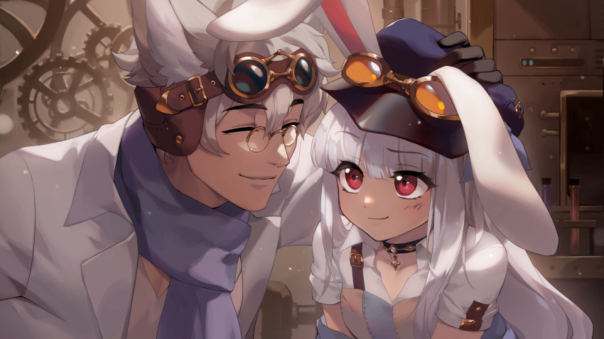 1boy 1girl animal_ear_fluff animal_ears artist_request blue_scarf check_artist closed_eyes closed_mouth ein_lee father_and_daughter game_cg grey_hair highres long_hair non-web_source rabbit_ears rabbit_girl red_eyes scarf short_sleeves smile tevi tevi_(character) white_hair wolf_boy wolf_ears zema_(tevi)