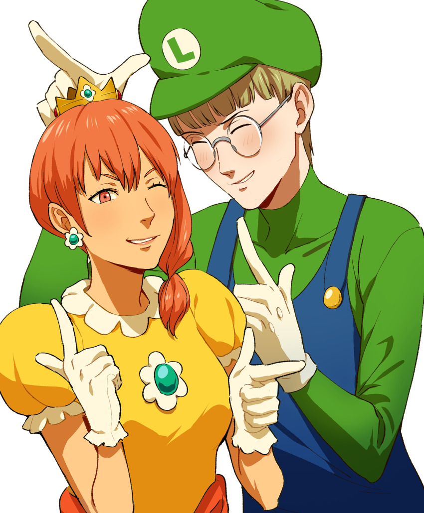 1boy 1girl blue_overalls blush buttons newsboy_cap closed_eyes commentary commission cosplay crown dress earrings english_commentary facing_another finger_gun fire_emblem fire_emblem:_three_houses francisco_mon glasses gloves green_hat green_shirt hat highres ignatz_victor ignatz_victor_(timeskip) index_finger_raised jewelry leonie_pinelli leonie_pinelli_(timeskip) looking_ahead luigi luigi_(cosplay) mario_(series) medium_hair nintendo one_eye_closed orange_eyes orange_hair overalls parted_lips princess_daisy princess_daisy_(cosplay) round_eyewear second-party_source shirt simple_background upper_body white_background white_gloves yellow_dress