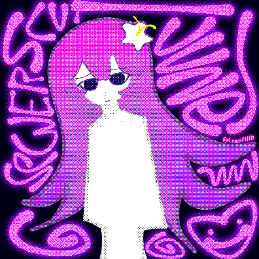 1girl chibi flower glowing hibiscus highres long_hair lracfilib non-web_source pale_skin purple_hair retro_artstyle sewerslvt