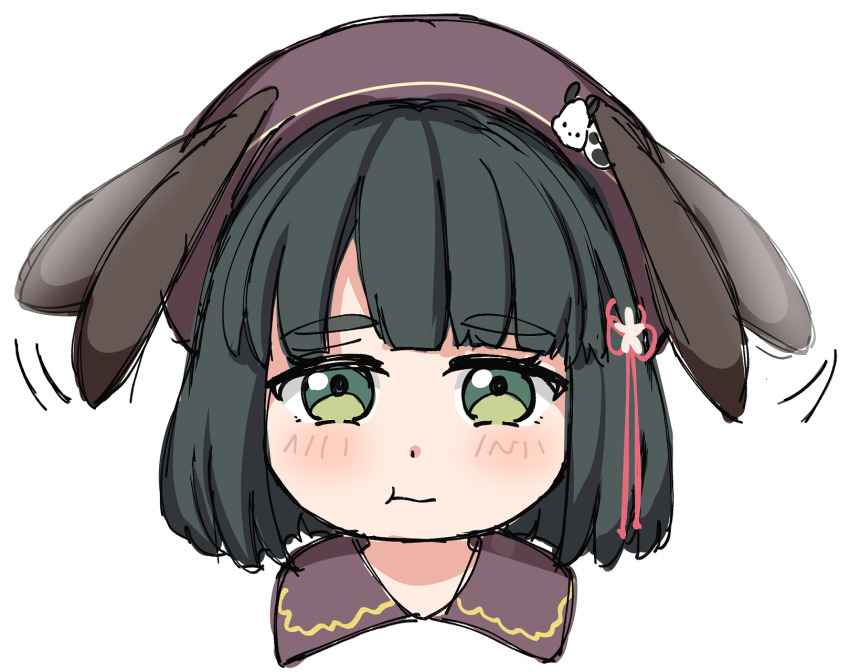 1girl :t beret black_hair blunt_bangs blunt_ends blush bob_cut brown_hat character_hat_ornament commentary cropped_head dream_believers flower flower_knot green_eyes hair_flower hair_ornament hat highres link!_like!_love_live! looking_at_viewer love_live! momose_ginko official_alternate_costume pochacco pout revision sanrio sen_yousoro short_hair simple_background solo virtual_youtuber white_background