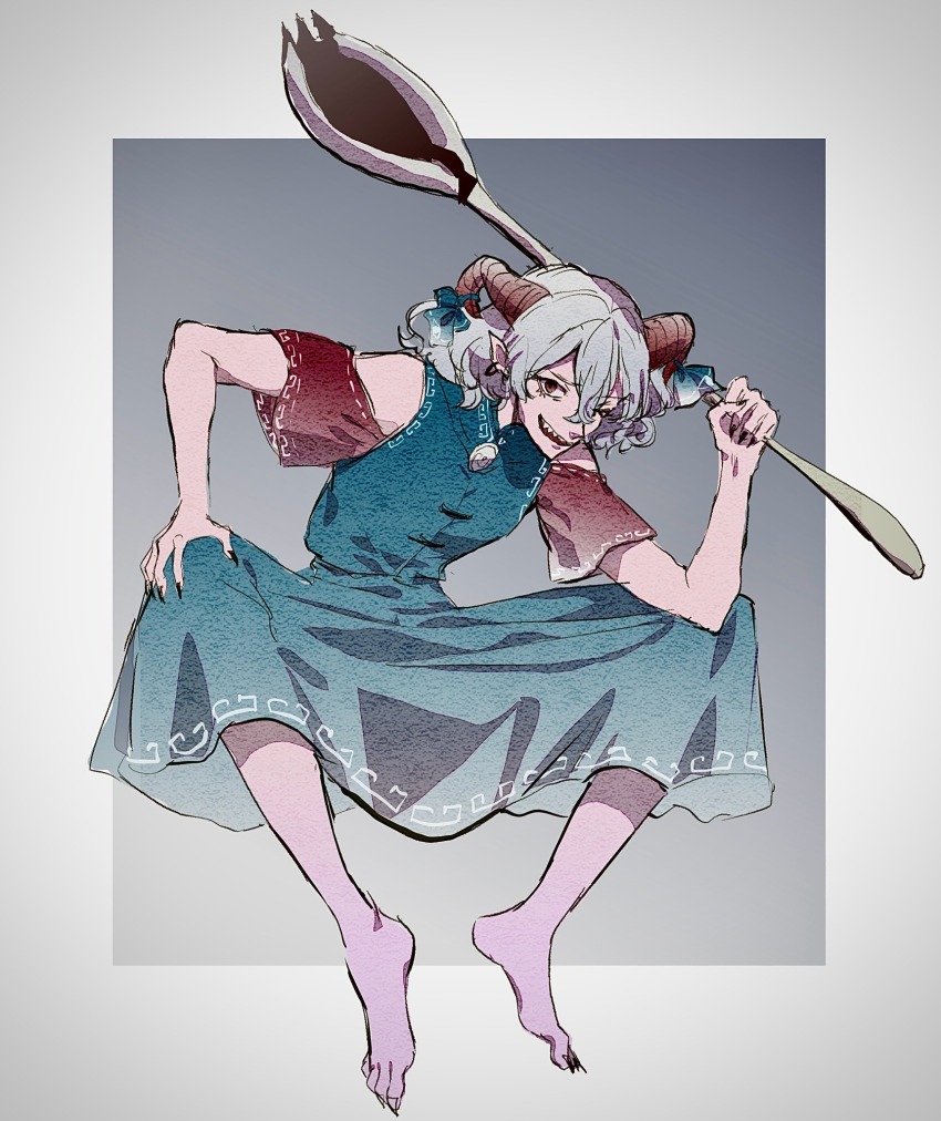 crazy highres holding holding_spork horn_ornament horn_ribbon horns meandros navybluesparrow oversized_object patterned_clothing rectangular_pupils red_eyes red_horns red_sleeves ribbon sharp_nails sharp_teeth sheep_horns spork teeth touhou toutetsu_yuuma utensil