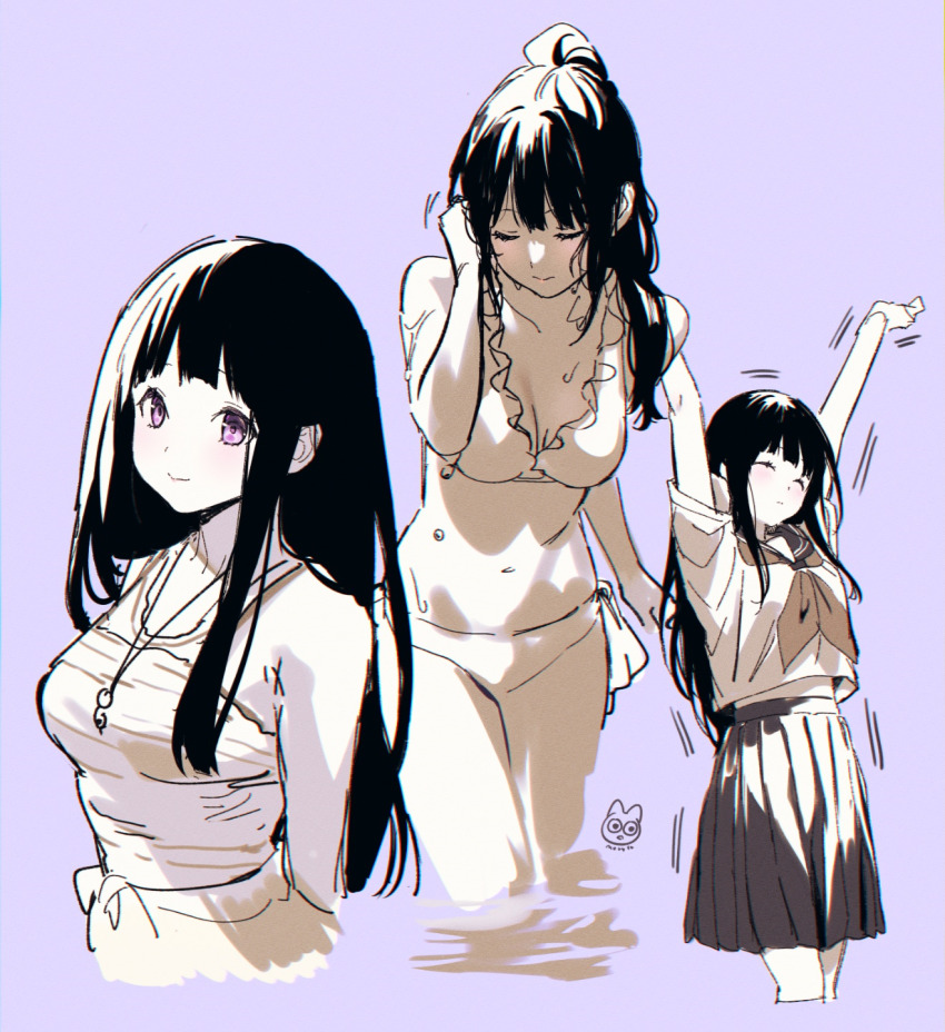 1girl artist_logo bikini black_hair blush breasts chitanda_eru highres hyouka kamiyama_high_school_uniform_(hyouka) kyoto_animation logo long_hair looking_at_viewer mery_(yangmalgage) multiple_views neckerchief ponytail purple_eyes sailor_collar school_uniform serafuku skirt smile swimsuit white_background