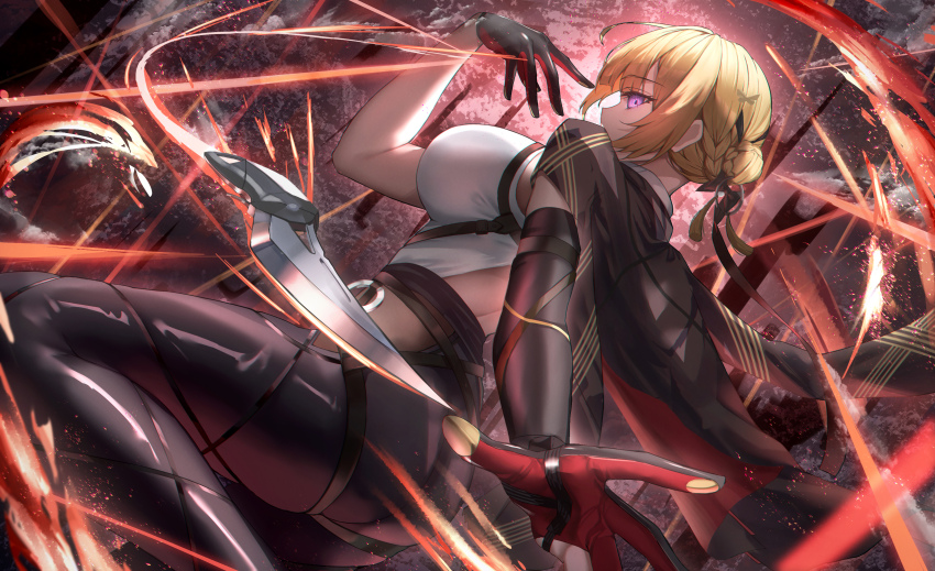 1girl absurdres backless_shirt black_coat black_gloves black_pants blonde_hair coat elbow_gloves evelyn_chevalier fingerless_gloves gloves highres holding holding_ribbon kirisamede_gzr looking_at_viewer pants purple_eyes red_gloves ribbon shirt short_hair single_elbow_glove solo two-sided_gloves white_shirt zenless_zone_zero