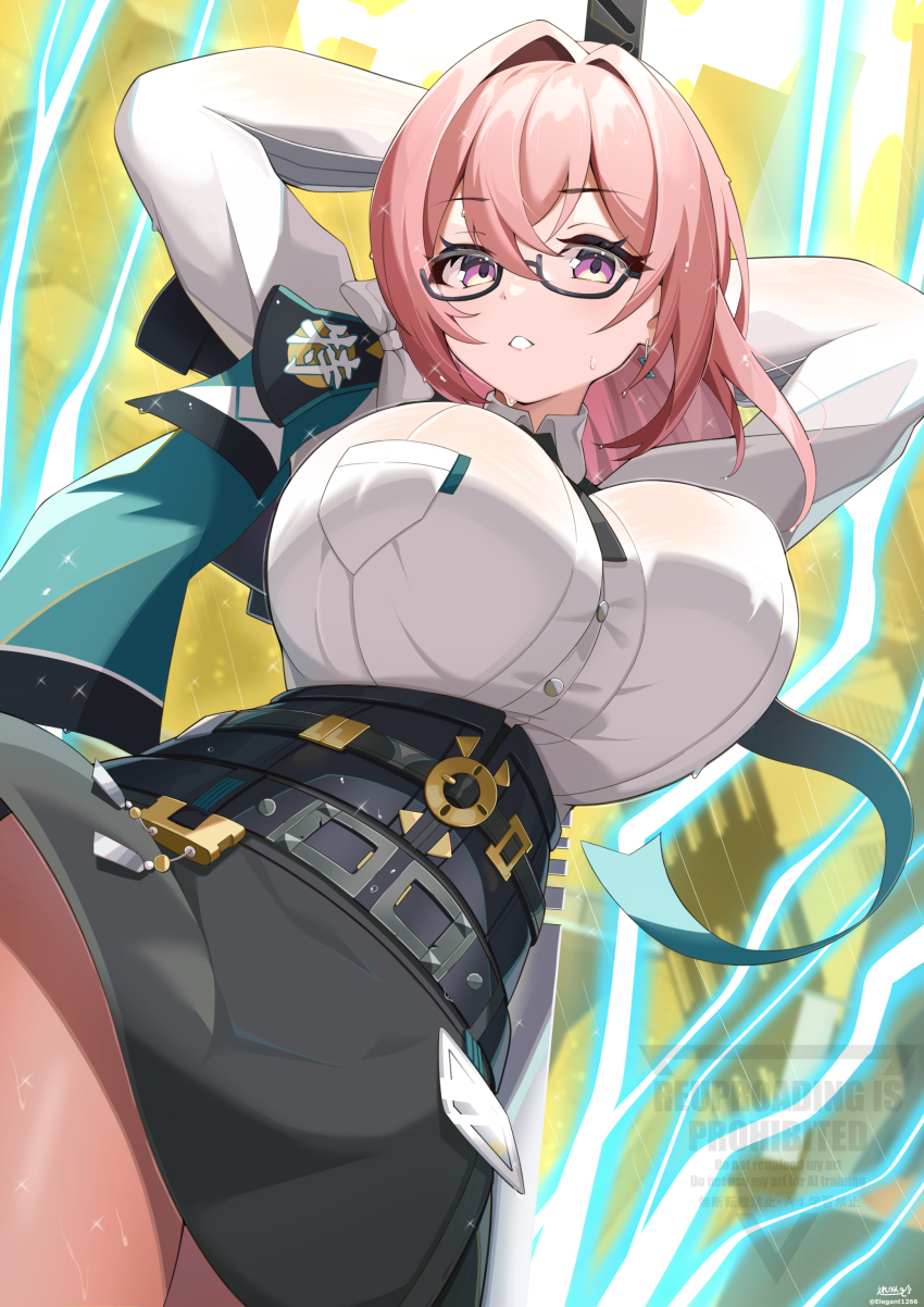 1girl absurdres arms_behind_head belt black_belt black_ribbon black_skirt breast_pocket breasts buttons curvy earrings electricity elegant_(sumisumi4268) glasses high-waist_skirt highres jewelry large_breasts neck_ribbon pink_hair pocket purple_eyes ribbon semi-rimless_eyewear shirt skirt sweat tsukishiro_yanagi white_shirt zenless_zone_zero