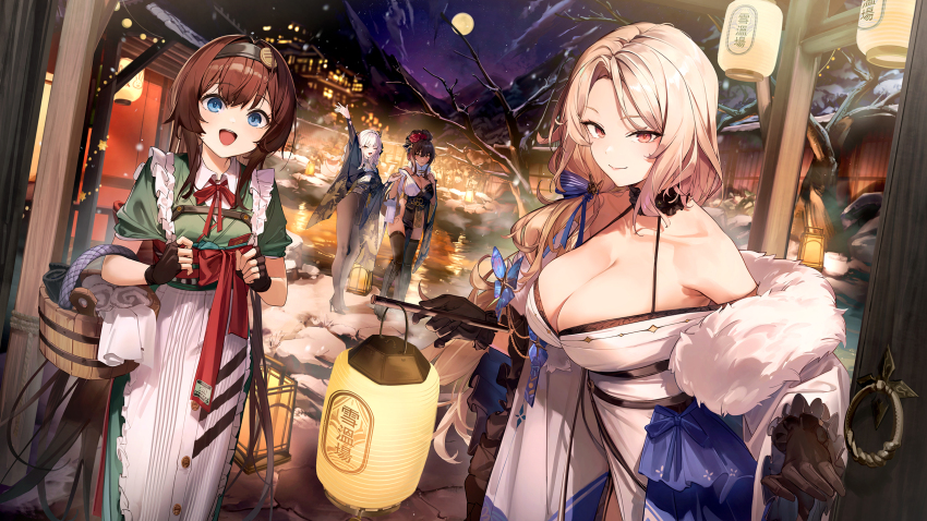 4girls 7gao blanc_(nikke) blanc_(white_rabbit)_(nikke) blonde_hair blue_eyes breasts brown_hair cleavage dress fur-trimmed_kimono fur_trim goddess_of_victory:_nikke green_dress highres japanese_clothes kimono lantern large_breasts ludmilla_(nikke) ludmilla_(winter_owner)_(nikke) medium_breasts mica_(nikke) mica_(snow_buddy)_(nikke) multiple_girls noir_(black_rabbit)_(nikke) noir_(nikke) official_art official_wallpaper onsen pantyhose small_breasts white_hair white_kimono