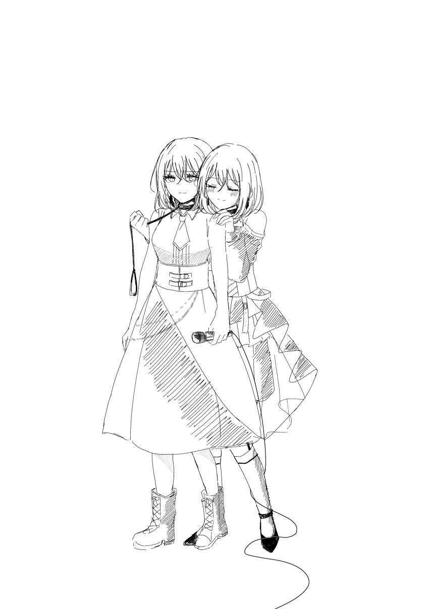 2girls absurdres asahi_rise bang_dream! bang_dream!_it&#039;s_mygo!!!!! boots clothing_cutout collar commentary_request doloris_(bang_dream!) dual_persona garter_straps greyscale highres holding holding_leash leash long_sleeves medium_hair misumi_uika monochrome multiple_girls selfcest shoulder_cutout thighhighs yuri