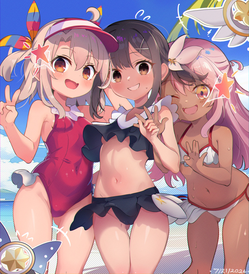 3girls absurdres bare_shoulders beach bikini black_bikini black_hair blush breasts brown_eyes cameltoe chloe_von_einzbern covered_navel dark-skinned_female dark_skin fang fate/grand_order fate/kaleid_liner_prisma_illya fate_(series) gluteal_fold hair_ornament hairclip highres illyasviel_von_einzbern illyasviel_von_einzbern_(swimsuit_archer) illyasviel_von_einzbern_(swimsuit_archer)_(second_ascension) kanykou long_hair looking_at_viewer magical_ruby magical_sapphire miyu_edelfelt miyu_edelfelt_(magical_girl) multiple_girls navel one-piece_swimsuit one_eye_closed open_mouth orange_eyes pink_hair red_eyes red_one-piece_swimsuit shore sidelocks skin_fang small_breasts smile sweat swimsuit thigh_gap thighs twintails two_side_up v visor_cap white_bikini white_hair