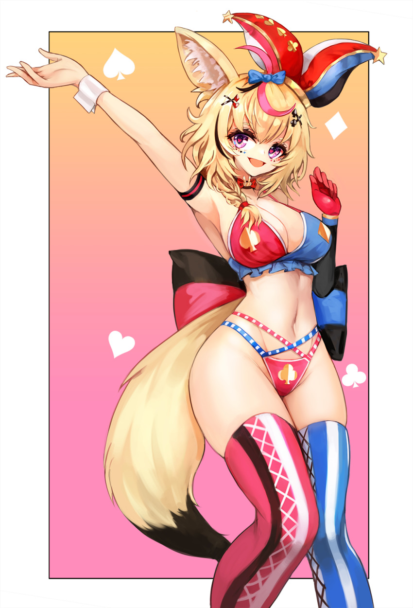 1girl ahoge animal_ears bikini black_hair blonde_hair blush bow braid breasts facial_mark fox_ears fox_girl fox_tail frills hair_between_eyes hair_ornament hair_over_shoulder hat heart highres hololive jester_cap long_hair looking_at_viewer medium_breasts multicolored_hair navel notte omaru_polka omaru_polka_(1st_costume) pink_hair purple_eyes side_braid smile solo streaked_hair swimsuit symbol-shaped_pupils tail thighhighs thighs tilted_headwear virtual_youtuber wrist_cuffs x_hair_ornament