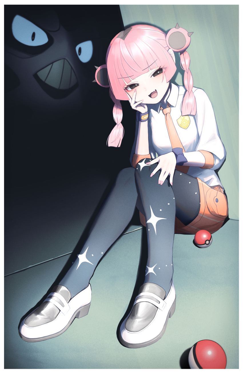1girl :d absurdres black_eyes black_pantyhose blunt_bangs border bright_pupils collared_shirt commentary_request coral_(pokemon) gen_3_pokemon glalie hand_up highres kabanoki looking_at_viewer nail_polish necktie nintendo open_mouth orange_necktie orange_shorts pantyhose pink_hair poke_ball poke_ball_(basic) pokemon pokemon_(anime) pokemon_(creature) pokemon_horizons school_uniform shirt shoes shorts sitting smile sparkle twintails white_border white_footwear white_pupils white_shirt