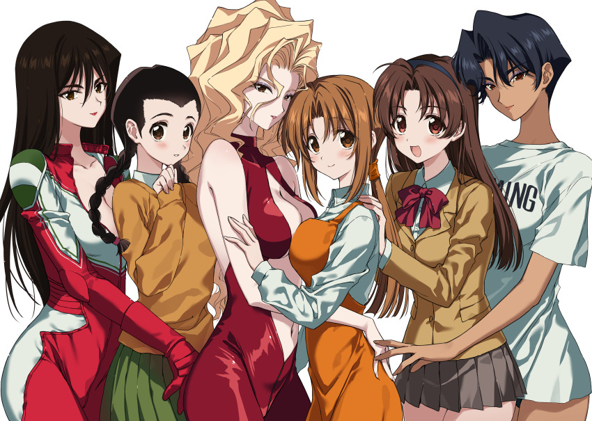 6+girls :d absurdres apron biker_clothes black_hair blonde_hair bodysuit breasts brown_eyes brown_hair chie_(golden_boy) commentary_request everyone golden_boy hair_between_eyes hayami_ayuko highres katsuda_naoko long_hair looking_at_viewer medium_breasts multiple_girls navel nikyuppa noriko_(golden_boy) onna_shachou open_mouth school_uniform shirt short_hair smile swimsuit swimsuit_under_clothes terayama_reiko white_shirt