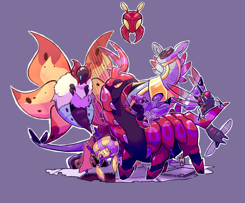 1boy armaldo centipedehurts commentary creature english_commentary full_body galvantula gen_3_pokemon gen_4_pokemon gen_5_pokemon grey_background nincada nintendo on_lap original pokemon pokemon_(creature) pokemon_on_lap riding riding_pokemon scolipede simple_background sitting volcarona yanmega