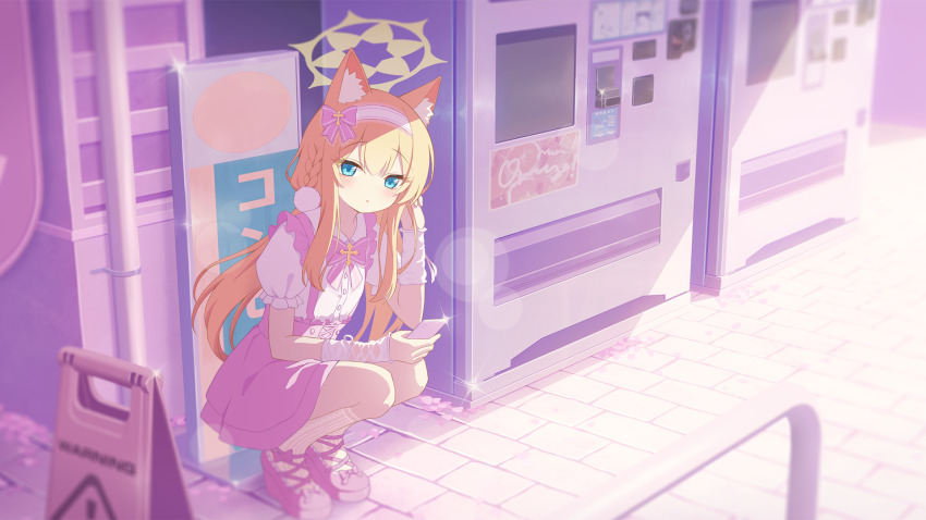 1girl alternate_costume animal_ear_fluff animal_ears blue_archive blue_eyes blush bow bowtie braid buttons cat_ears cellphone cross dress_shirt glint hair_bow halo headband high-waist_skirt high_heel_slides highres holding holding_phone jirai_kei long_hair looking_at_viewer mari_(blue_archive) orange_hair outdoors parted_lips phone pink_theme puffy_short_sleeves puffy_sleeves shirt short_sleeves sidelighting sidelocks sign skirt smartphone socks solo suspender_skirt suspenders vending_machine warning_sign white_headband white_shirt white_socks white_wrist_cuffs wrist_cuffs yellow_halo yuma_(lyq_yume)