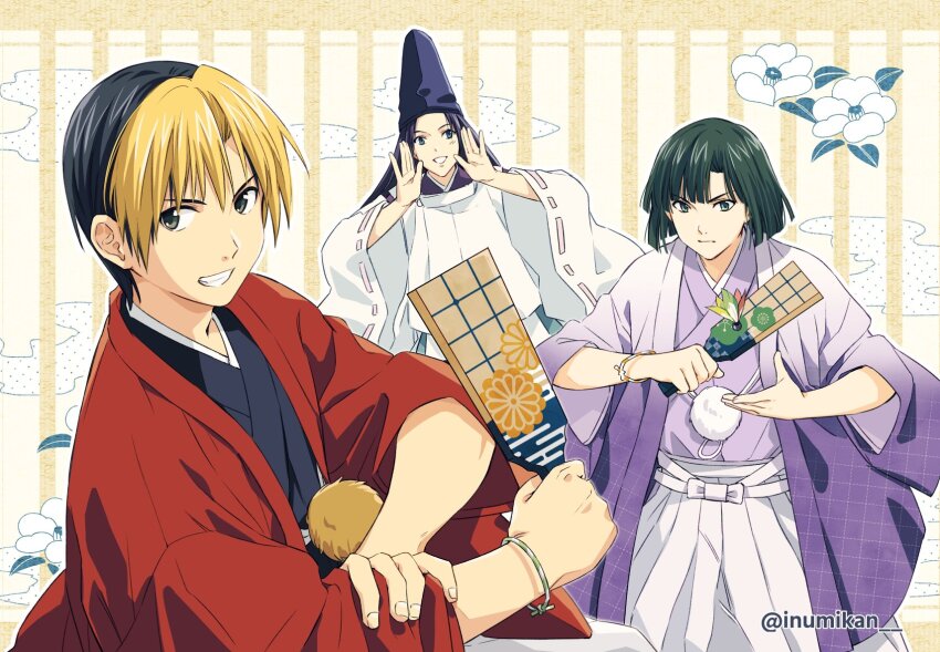 3boys :/ :d bishounen black_hair black_kimono blonde_hair blue_eyes blunt_bangs blunt_ends bob_cut commentary_request fujiwara_no_sai grey_hakama grin hagoita hakama hands_up hane_(hanetsuki) hanetsuki haori haori_himo hat highres hikaru_no_go holding japanese_clothes kariginu kimono long_hair long_sleeves looking_at_viewer male_focus multicolored_hair multiple_boys mysterymiharu new_year open_mouth paddle parted_bangs playing_games pom_pom_(clothes) purple_hair purple_kimono ribbon-trimmed_sleeves ribbon_trim rolling_sleeves_up shindou_hikaru short_hair shouting_with_hands sleeves_pushed_up smile smirk standing tate_eboshi touya_akira twitter_username two-tone_hair variant_set wide_sleeves wristband