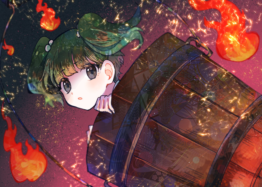 1girl :o black_eyes blurry bucket commentary_request dutch_angle expressionless fire green_hair hair_bobbles hair_ornament hands_up in_bucket in_container itomugi-kun kisume looking_at_viewer partial_commentary short_twintails solo touhou twintails