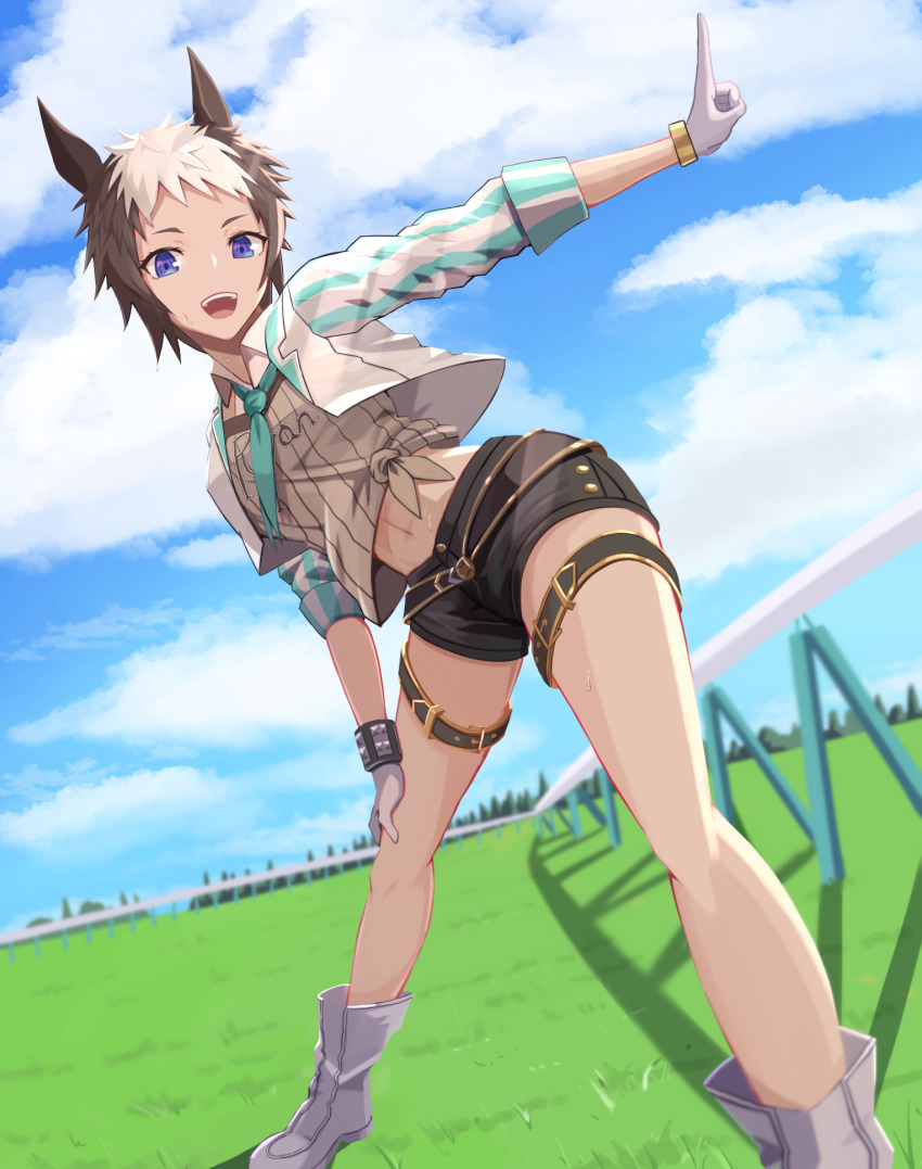 1girl :d animal_ears asymmetrical_gloves blue_eyes blue_necktie blue_sky blurry blurry_background blush boots clear_sky cloud collared_shirt full_body gloves grass grey_shirt hand_on_own_knee highres horse_ears horse_girl hurdle index_finger_raised jacket knees long_sleeves looking_at_viewer madori_(madori151) mejiro_ryan_(umamusume) multicolored_hair navel necktie open_mouth outdoors outstretched_arm shirt short_hair sky sleeves_rolled_up smile solo spread_legs standing stomach sweatdrop teeth thigh_strap thighs tongue two-tone_hair umamusume upper_teeth_only white_boots white_gloves white_hair white_jacket wing_collar