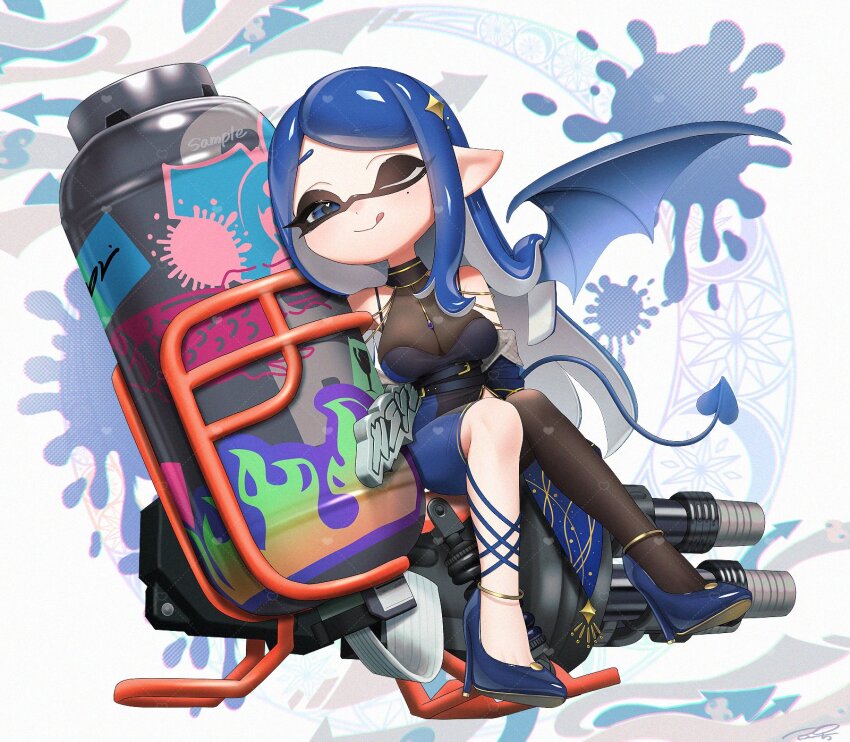 1girl ;q anklet bare_shoulders blue_dress blue_eyes blue_hair blue_shoes blue_tail blue_wings bodystocking breasts cleavage closed_mouth commentary demon_girl demon_tail demon_wings dress full_body hair_ornament heart heart_in_eye highres hydra_splatling_(splatoon) inkling inkling_girl inkling_player_character jewelry large_breasts long_hair mole mole_under_eye nintendo one_eye_closed parted_bangs pointy_ears puchiman shoes solo splatoon_(series) star_(symbol) star_hair_ornament strapless strapless_dress symbol-only_commentary symbol_in_eye tail tentacle_hair tongue tongue_out wings