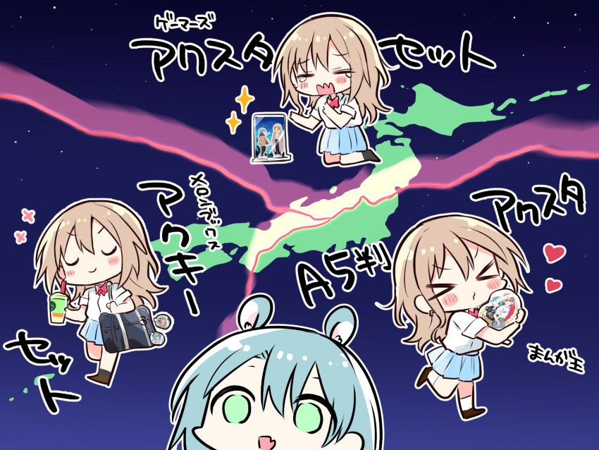 &gt;3&lt; &gt;_&lt; 2girls :d acrylic_stand_(object) black_bag black_socks blue_hair blue_skirt blush bow bowtie brown_hair character_charm charm_(object) chibi chibi_only closed_eyes commentary_request crack cup disposable_cup doushitara_osananajimi_no_kanojo_ni_naremasu_ka!? fang green_eyes heart highres holding holding_cup hugging_object ikoma_minami_(osakano) japan kamen_rider kamen_rider_build_(series) kneeling leg_up long_hair makita_yuzu medium_skirt meme meta multiple_girls multiple_views o3o open_mouth outline pleated_skirt puckered_lips red_bow red_bowtie shirt short_hair short_sleeves sidelocks skin_fang skirt sky smile socks sparkle standing star_(sky) starry_sky tearing_up translation_request u_u white_outline white_shirt white_socks yasaka_syu yuri