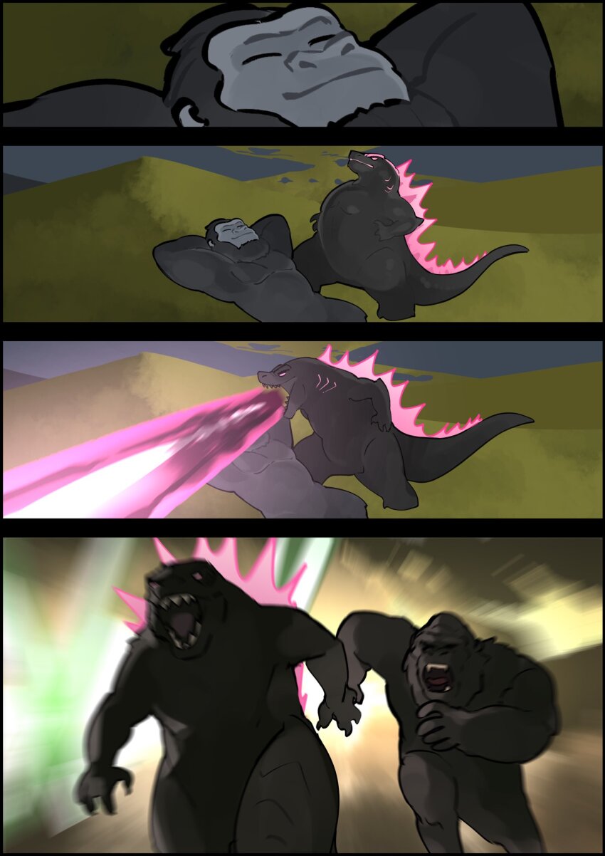 2boys angry artist_request atomic_breath attack breath_weapon clenched_hands crossover dinosaur energy energy_beam giant giant_monster gills glowing glowing_eyes glowing_gills glowing_spikes godzilla godzilla_(monsterverse) godzilla_(series) godzilla_and_kong_running_(meme) godzilla_evolved godzilla_x_kong:_the_new_empire gorilla highres kaiju king_kong king_kong_(series) kong_(monsterverse) legendary_pictures lying meme meme_attire monster monsterverse motion_blur mouth_beam multiple_boys muscular no_humans no_pupils parody pink_eyes plasma plasma_beam running sea_monster sequential serious sharp_teeth smile smoking spikes teeth toho