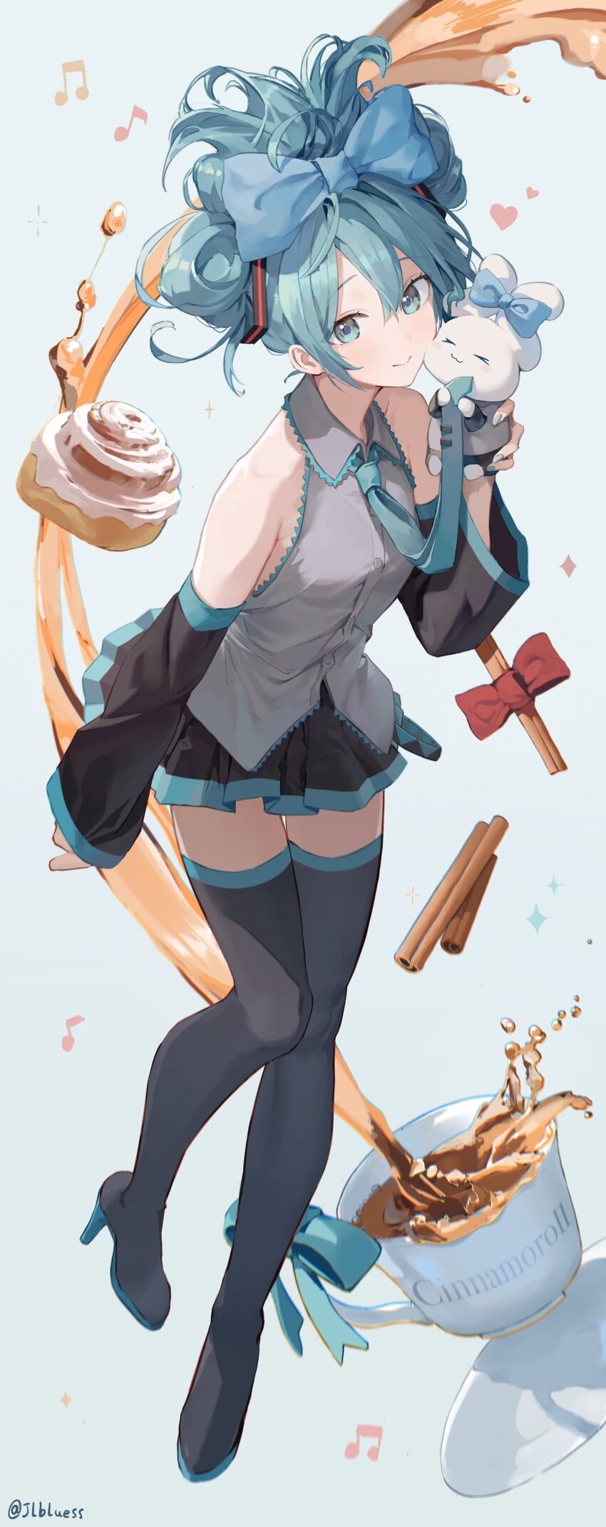 1girl absurdres aqua_eyes aqua_hair aqua_nails bare_shoulders black_skirt blue_bow blue_bowtie bow bowtie cinnamiku cinnamon_stick cinnamoroll coffee_mug cup detached_sleeves full_body fuwa_fuwa_cinnamoroll grey_shirt hair_between_eyes hair_bow hair_up hatsune_miku heart high_heels highres jlbluess miniskirt mug musical_note necktie pleated_skirt red_bow red_bowtie sanrio shirt simple_background skirt smile stuffed_toy thighhighs vocaloid