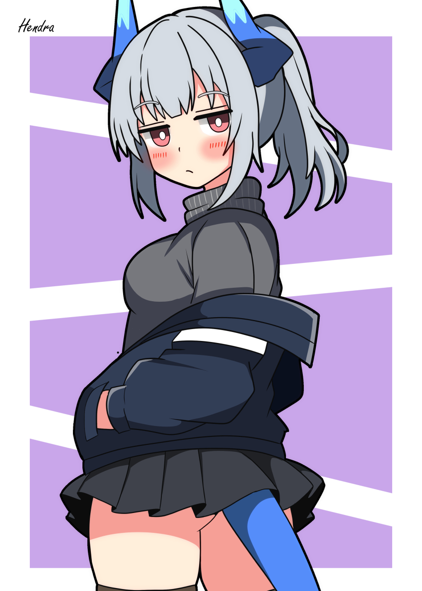 1girl absurdres arknights black_skirt breasts dragon_horns dragon_tail grey_hair hendra highres horns jacket liskarm_(arknights) looking_at_viewer medium_breasts ponytail skirt solo tail thighhighs