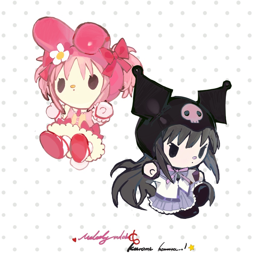 2girls :o absurdres akemi_homura akemi_homura_(cosplay) akemi_homura_(magical_girl) animal_ears ankle_ribbon black_boots black_eyes black_hair black_hood boots bow bowtie brown_eyes buttons capelet chest_jewel chibi chibikemo cosplay dress ear_covers eyelashes floppy_ears flower frilled_skirt frilled_sleeves frills full_body gloves hair_bow hair_through_hood hat hat_flower highres hood hoodie kaname_madoka kaname_madoka_(cosplay) kaname_madoka_(magical_girl) knee_up kuromi layered_sleeves leg_ribbon long_hair long_sleeves looking_ahead mahou_shoujo_madoka_magica mahou_shoujo_madoka_magica_(anime) miniskirt multiple_girls my_melody onegai_my_melody pantyhose parted_lips petticoat pink_bow pink_dress pink_gemstone pink_hair pink_hoodie pleated_skirt polka_dot polka_dot_background puffy_short_sleeves puffy_sleeves purple_bow purple_bowtie purple_capelet purple_skirt qinghejunzi rabbit_ears red_ribbon red_shoes ribbon sanrio shoes short_dress short_hair short_sleeves short_twintails skirt skirt_under_dress skull_print solid_oval_eyes thigh_boots twintails v-shaped_eyes very_long_hair waist_bow white_background white_dress white_flower white_gloves white_pantyhose white_skirt white_sleeves