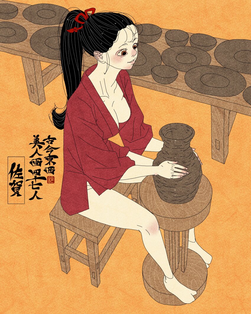 1girl absurdres annotated artist_logo black_hair bowl breasts brown_eyes cleavage collarbone full_body highres japanese_clothes kimono logo long_hair original plate potters_wheel pottery red_kimono saga_prefecture sei5osuzuki short_kimono sitting socks solo tabi white_socks