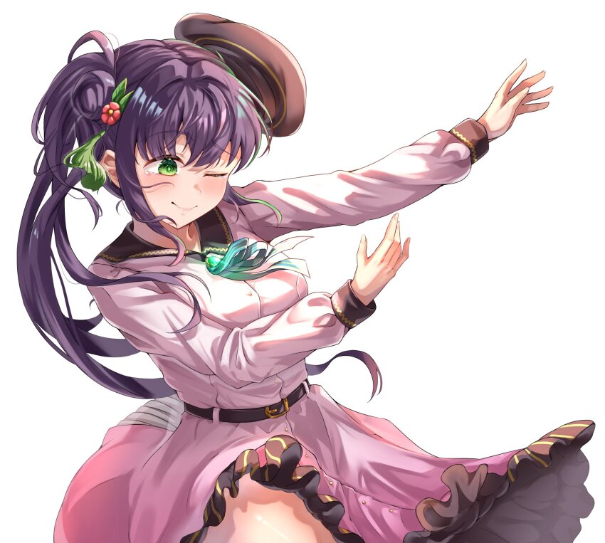 1girl breasts brown_hat clothes_lift collared_dress commentary contrast_collar cowboy_shot dream_believers dress dress_lift floating_hat flower flower_stand_art frilled_dress frills green_eyes green_ribbon hair_bun hair_flower hair_ornament hat highres ixianim link!_like!_love_live! long_sleeves love_live! medium_breasts medium_dress neck_ribbon official_alternate_costume otomune_kozue outstretched_arm pink_dress purple_hair red_flower ribbon side_ponytail simple_background single_side_bun solo symbol-only_commentary tassel tassel_hair_ornament virtual_youtuber white_background