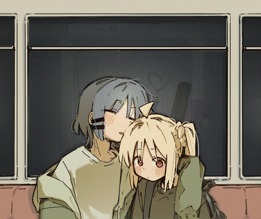 3girls ahoge alternate_costume arm_around_shoulder blonde_hair blue_hair blush bocchi_the_rock! closed_eyes gotoh_hitori hair_ornament hairclip heart highres ijichi_nijika instrument_case jacket long_hair long_sleeves machuuu68 medium_hair mole mole_under_eye multiple_girls open_clothes open_jacket open_mouth ponytail red_eyes shirt sleeping sleeping_on_person train_interior white_shirt yamada_ryo yuri