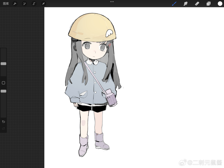 1girl aged_down alternate_costume art_program_in_frame bag bare_legs black_hair black_shorts blue_jacket boots bottle buttons child chinese_commentary closed_mouth collared_jacket commentary_request corallo expressionless eyelashes grey_eyes hair_ornament hairclip haru_(len&#039;en) helmet highres jacket len&#039;en light_frown long_hair long_sleeves pocket procreate_(medium) procreate_(software) puffy_long_sleeves puffy_sleeves purple_bag purple_boots shorts shoulder_bag sidelocks simple_background solo standing straight_hair watermark weibo_watermark white_background wing_hat_ornament yellow_helmet