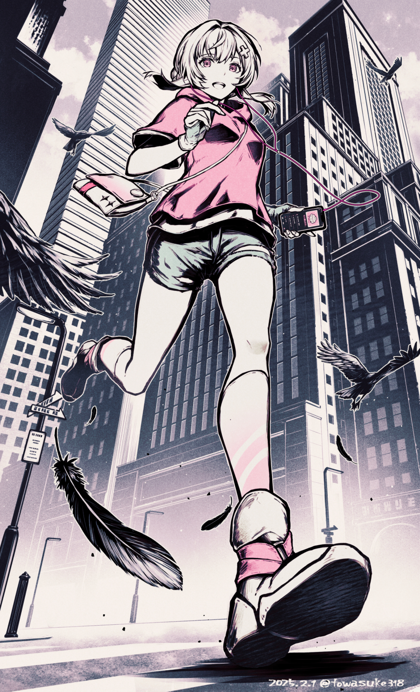 1girl absurdres bag bird building cellphone cloud commission crow earpiece feathered_wings feathers handbag highres jogging listening_to_music liv_(pgr) looking_at_viewer open_mouth outdoors partially_colored phone pink_bag pink_eyes pixiv_commission punishing:_gray_raven shorts sky smartphone smile towasuke white_hair wings