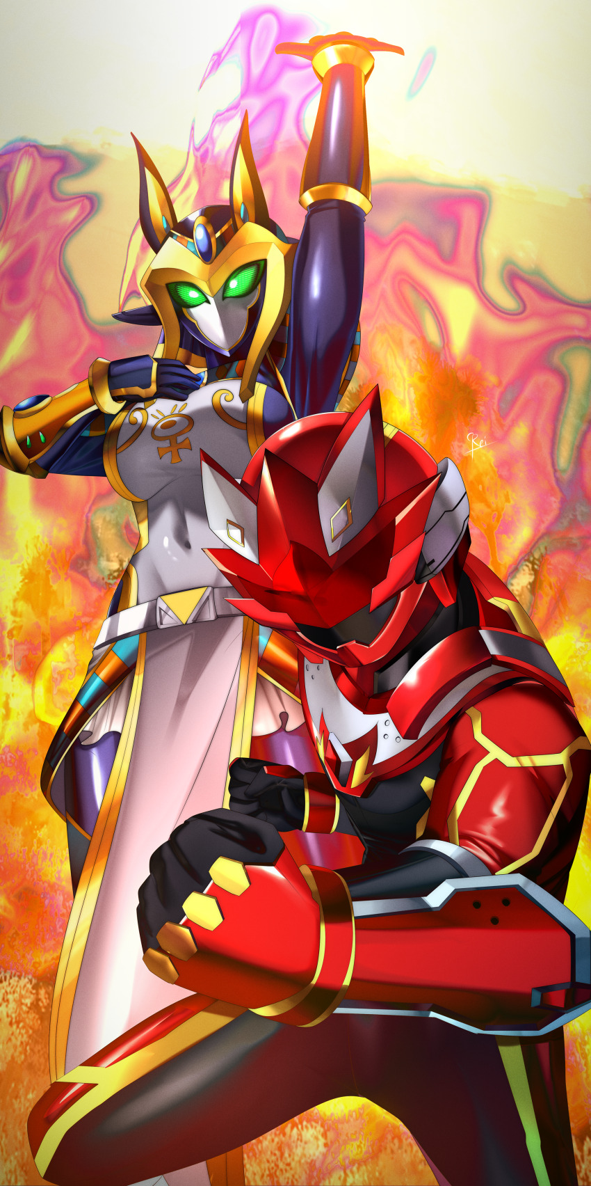 1boy 1girl absurdres amun_(sentai_red_ga_isekai_de_boukensha_ni_naru) animal_ears_helmet animal_helmet asagaki_toogo black_bodysuit bodysuit cowboy_shot fire green_eyes helmet highres kizuna_red purple_bodysuit purple_helmet raniya_(sentai_red_ga_isekai_de_boukensha_ni_naru) red_bodysuit red_helmet reiei_8 sentai_red_ga_isekai_de_boukensha_ni_naru tokusatsu