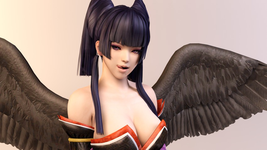 1girl 3d bare_shoulders bird_wings black_hair breasts cleavage dead_or_alive dead_or_alive_3d dead_or_alive_5 detached_sleeves dnxpunk eyelashes eyeliner feathered_wings female_focus highres hime_cut large_breasts licking_lips long_hair looking_at_viewer makeup mole mole_under_mouth naughty_face no_headwear nyotengu pink_background pov purple_eyes simple_background solo tengu tongue tongue_out upper_body wings